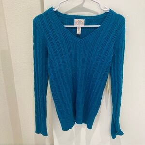 NWT St. John’s Bay Teal blue v-neck sweater XS cable knit classic preppy